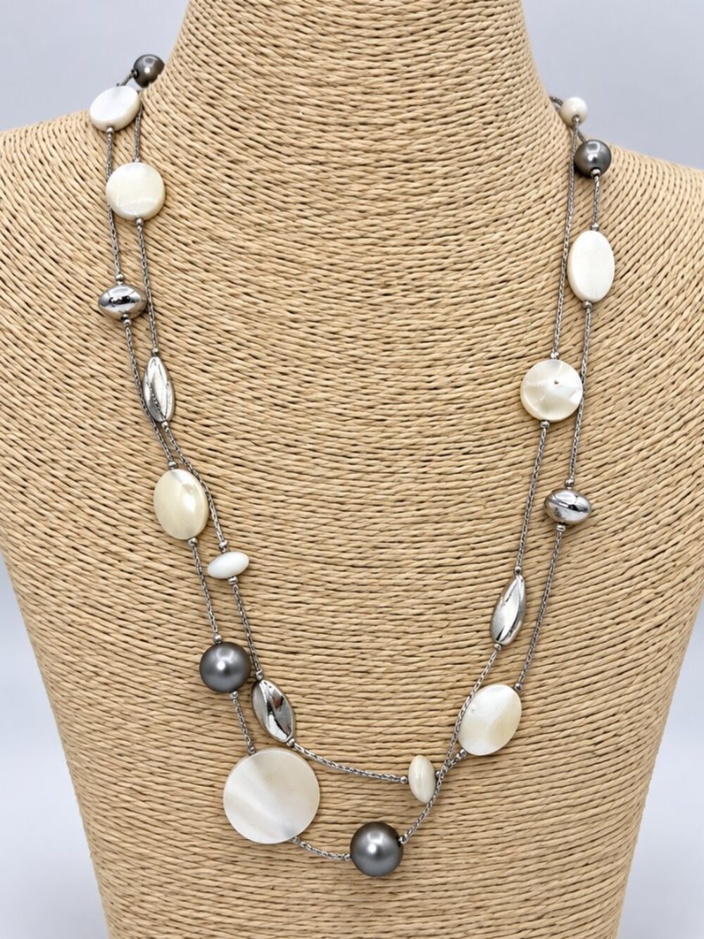 Silver Tone Mother of Pearl Beaded Layered Long Necklace